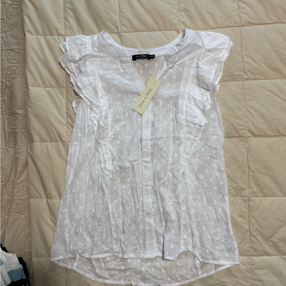 Doe & Rae White Ruffled Swiss Dot Cap Sleeve Top